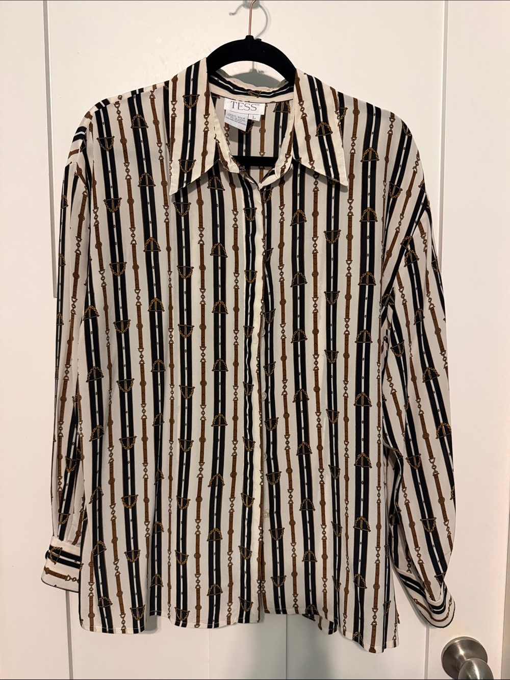 Vintage 90s Tess 100% Silk Cream Striped Chain-Print Button Down Shirt Blouse